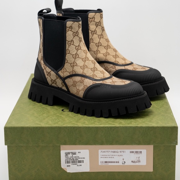 size 9G 9.5 US Gucci Boots Chelsea Beige Brown Black Canvas Ankle GG Monogram - Picture 10 of 11